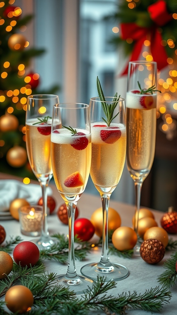 Festive champagne cocktails in flutes with fruit and herb garnishes on a decorated Christmas table.